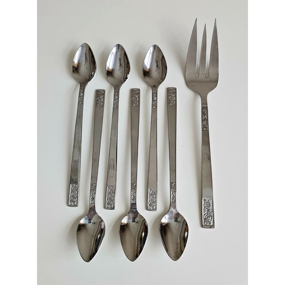 Customcraft Set of 6 Iced Tea Spoons & Serving Fork Stainless Flatware Floral